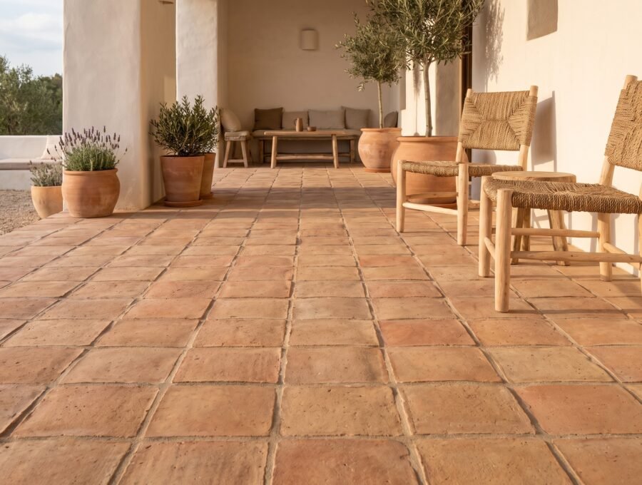 terraza exterior con piso de barro instalado en exterior